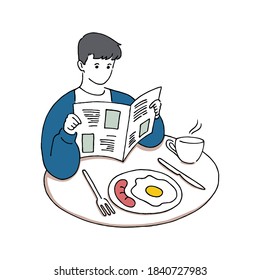 Young man reading newspaper while having breakfast, Good morning concept, hand-drawn line art style vector illustration.
