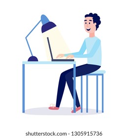 Young man reading online information or chatting - boy sitting at table with laptop and typing text on keyboard isolated on white background in flat cartoon vector illustration.