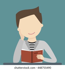 Young man reading an open book and smiling. Vector illustration flat design