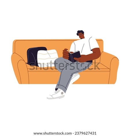 Young man reading paper book in leisure. Smart student learning education literature at home. Person sitting on sofa. People rest, relax indoor. Flat isolated vector illustration on white
