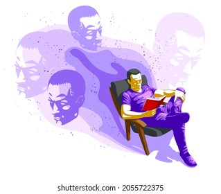 Young man reading psychological vector illustration isolated, esoteric or philosophical literature.