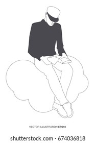 Young man reading sitting on a cloud. Vector illustration Outlines. Comic style.