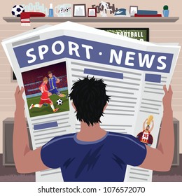 Young man reading sports news in newspaper. Football fan interesting in results of soccer game. Realistic cartoon style