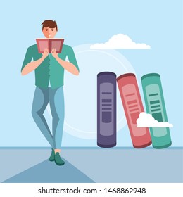 young man reading with stack of books