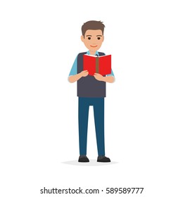 Young man reading textbook. Brown-haired male student standing with open book in hands flat vector isolated on white background. Enthusiastic reader illustration for educational and hobby concepts