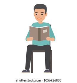 Young man reading textbook. Brunette male student seating on chair with book in hands flat vector isolated on white background. Enthusiastic reader illustration for educational and hobby concepts