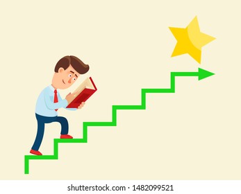 Young man reading textbook and go up to career ladder. Business training
concept. Knowledge - way to success. Business vector illustration, flat design
cartoon style. Isolated background. Side view.