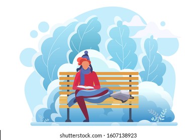 Young man reading in winter cold park flat vector illustration. Smart student studying, bookworm cartoon character. Boy sitting on bench with book. Literature hobby, intellectual recreation
