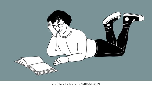The young man reads book. Hipster man lies and reads. Hand drawing student and open book. Sketch smart person isolated on grey. Reading, education, studying. Horizontal banner outline. Vector. 