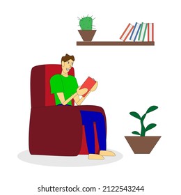 Un joven lee un libro en casa. Joven adulto sentado en una cómoda silla, relajante. Cuidarte y encontrar lugares tranquilos en casa. Ilustración plana del vector