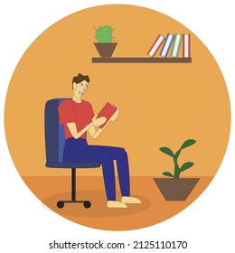 Young man reads a book at home. Take care of yourself and find quiet corners at home. Vector flat illustration