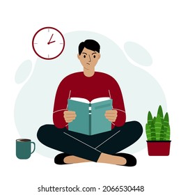 Young man reads a book, legs crossed. Angry, aggressive. Leisure and education concept. The concept of a book festival, fair, reading. Vector illustration