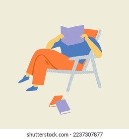 Young man reads a book seats in the comfy chair illustration in vector.