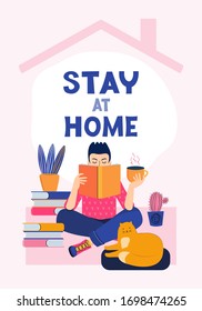 Young man reads books while stay at home together with your pet. Spending time. Leisure in quarantine. Favorite Hobbies. Literary fan. Study at home. Vector flat illustration