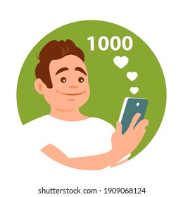 Un joven lee un mensaje por teléfono. Cara feliz. Ilustración de dibujos animados.