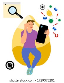 Young man reads news on smartphone.Businessman at home in quarantine sitting at the armchair. Freelancer spends his morning. Annoying information about virus.Flat style hand drawn vector illustartion.