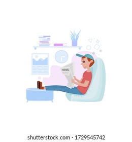 A young man reads a newspaper on self-isolation. Sitting in a chair legs lie on a sofa