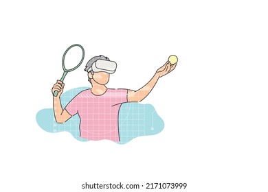 Young Man Ready To Serve In VR Tennis Game. Vector Illustration Design