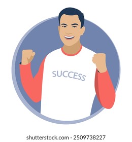 The young man received success and achievements. Victory. Flat design. Vector illustration