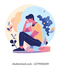 Young man receives cognitive behavioral therapy for anxiety. Medical treatment and mental health concept. Flat illustration