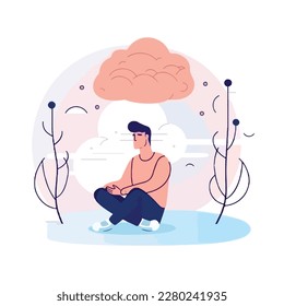 El hombre joven recibe terapia cognitiva conductual para la ansiedad. Tratamiento médico y concepto de salud mental. Ilustración plana
