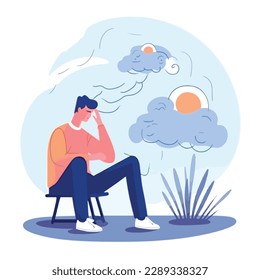 Young man receives cognitive behavioral therapy for anxiety. Medical treatment and mental health concept. Flat illustration