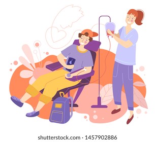 Young man receiving a blood transfusion in a clinic or hospital attended to by a smiling friendly nurse in a colorful flat cartoon vector illustration