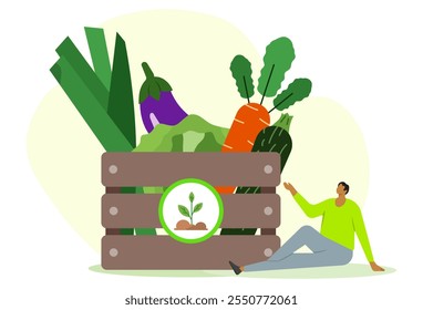 Young man receiving organic veggie box delivery from farmers market. Grocery vegetables concept. Local produce support and farm product on flat vector illustration. 