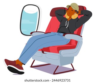 Joven Reclinado En Su Asiento De Avión, Almohada De Cuello De Peluche Acunando Su Cabeza, Auriculares Enclavados En Sus Orejas. Personaje masculino negro con los ojos cerrados en aislamiento tranquilo. Ilustración vectorial de Personas de dibujos animados