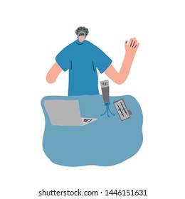 Young man recording a podcast in a studio. Vector flat illustration.