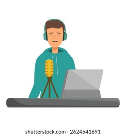 Young man is recording a podcast using a condenser microphone and headphones