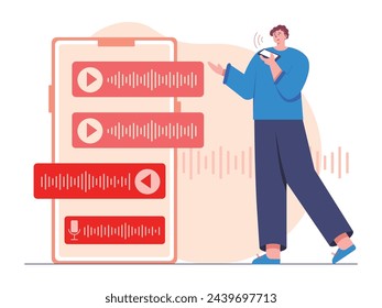 Young man is recording voice notes, sending messages to friends. Character design. Vector flat illustration