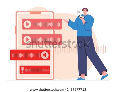 Young man is recording voice notes, sending messages to friends. Character design. Vector flat illustration