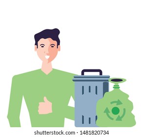 young man and recycle bin with bag