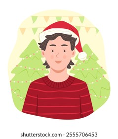 Young Man in Red Costume with Red Christmas Hat for Celebrate Christmas Day Concept Illustration