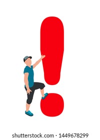 Young man and red exclamation mark. Attention concept business flat vector illustration on white background. Cartoon business man character with information danger, hazard, idea sign