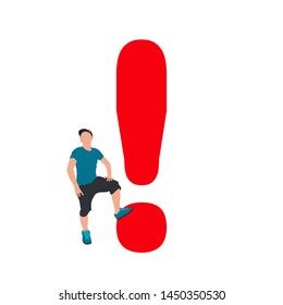 Young man and red exclamation mark. Attention concept business flat vector illustration on white background. Cartoon business man character with information danger, hazard, idea sign