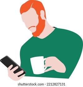 Young Man Red hair and Beard Looking at Smartphone While drinking Coffee