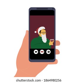 Young man in red hat  congratulate someone on mobile call video app. hand with phone and Internet communication concept.   Cute illuatration in flat style. 
