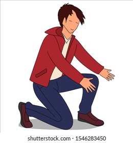 A young man in a red jacket and blue jeans sat down on one knee. Isolated on white background.