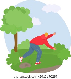 Young man in red jacket tripping over rock in park. Accident during walk, unexpected stumble, outdoor mishap vector illustration.