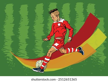 A young man in a red jersey kicks a soccer ball. The image has a lively and energetic mood, with the boy's focus on the ball and his determination to score a goal