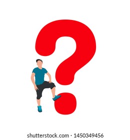 Young man and red question mark. Choosing concept business flat vector illustration on white background. Cartoon business man character with information search sign