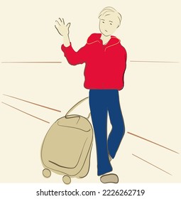 A young man in a red shirt and blue pants raised his hand in a welcoming gesture. He has a suitcase
