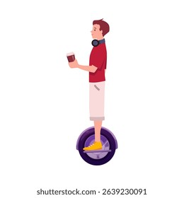 Young man in red shirt, shorts and headphones holding cup of coffee while riding unicycle. Eco-friendly transport. Mobile means of transportation. Vector flat illustration. Isolated background.