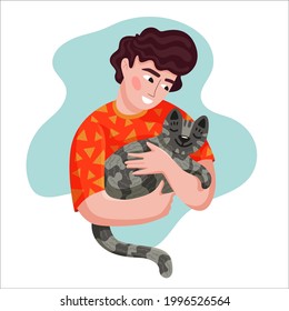 a young man in a red T-shirt holds a cat in his arms. best friends. cartoon style