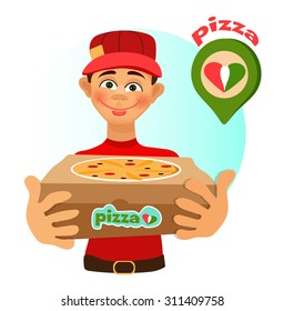Young man in a red uniform holding a pizza box.Delivery of Italian pizza