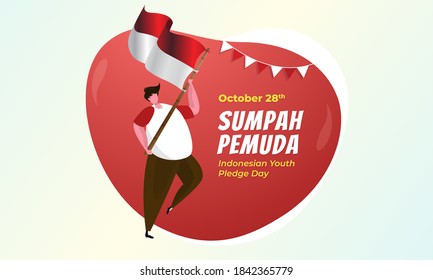 A young man with a red white flag illustration to celebrate "sumpah pemuda" or Indonesian youth pledge day