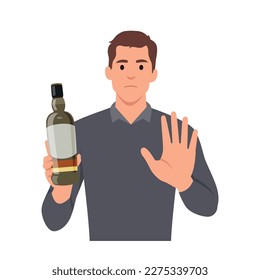 Young man refuse drinking alcohol. Decisive male make hand gesture sign say stop no to alcoholic cocktail. Guy reject beverage at bar follow healthy lifestyle. 