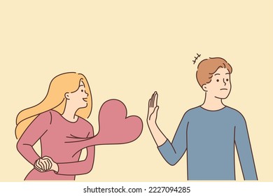 Hombre joven rechaza a la mujer enamorada mostrando afecto. Un chico testarudo le dice no a una chica que se siente enamorada. Problemas de relaciones. Ilustración vectorial. 